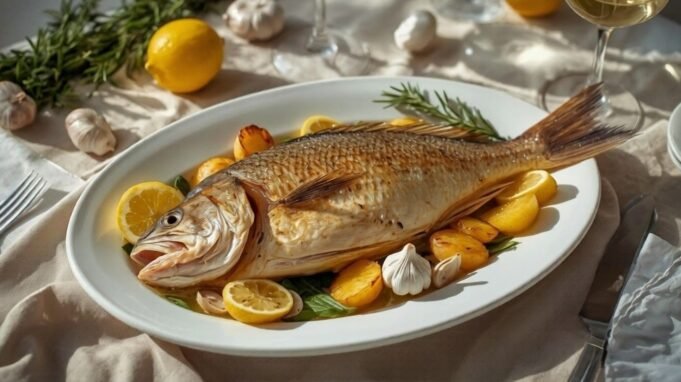 Roasted Branzino with Lemon and Potatoes Whole roasted branzino with lemon slices, garlic, rosemary, and golden potatoes.