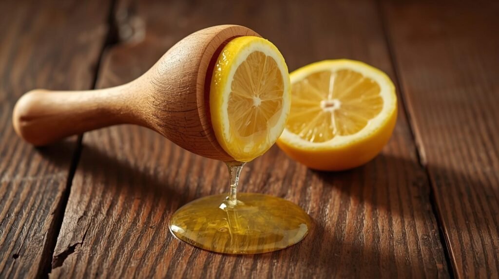 Fresh lemon half being pressed with a wooden citrus reamer on a wooden table with juice dripping out.