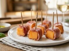 Classic Prosciutto e Melone on Skewers Prosciutto melon skewers made with cantaloupe cubes wrapped in thin slices of prosciutto served as a classic Italian appetizer