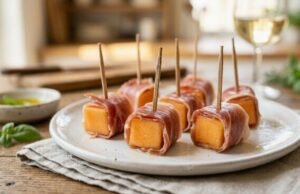 Classic Prosciutto e Melone on Skewers Prosciutto melon skewers made with cantaloupe cubes wrapped in thin slices of prosciutto served as a classic Italian appetizer