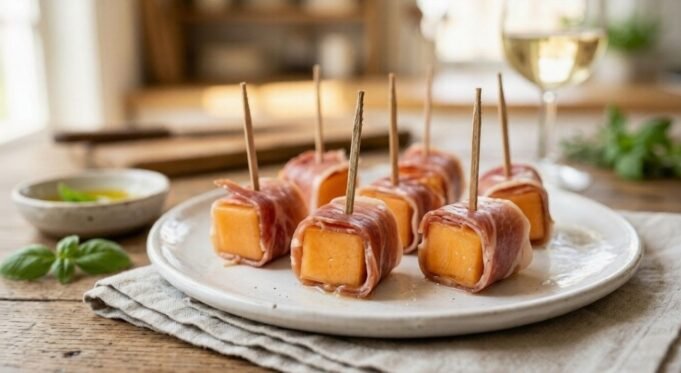 Classic Prosciutto e Melone Skewers Italian Appetizer Prosciutto melon skewers made with cantaloupe cubes wrapped in thin slices of prosciutto served as a classic Italian appetizer