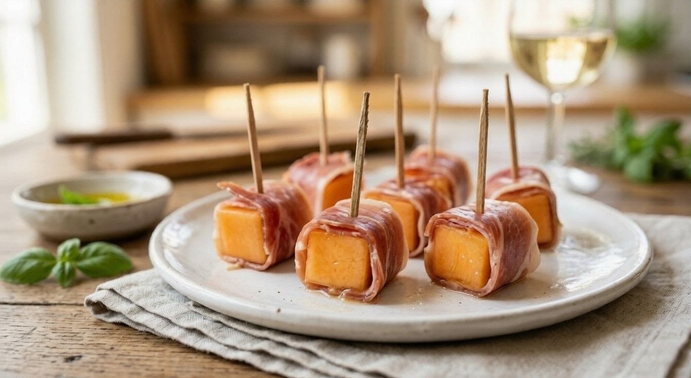 Prosciutto melon skewers made with cantaloupe cubes wrapped in thin slices of prosciutto served as a classic Italian appetizer