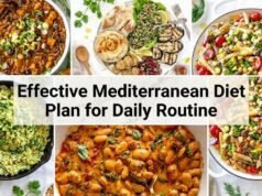 Effective Mediterranean Diet Plan for Daily Routine Collage of Mediterranean meals with salads, grains, beans, and pasta. Overlay text reads “Effective Mediterranean Diet Plan for Daily Routine”.