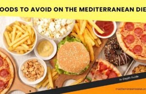 Foods to Avoid in the Mediterranean Diet Banner showing fries, burger, pizza, donuts, popcorn, peanuts, and sauces. Text reads “Foods to Avoid on the Mediterranean Diet.”
