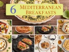 Mediterranean Diet Breakfast Ideas for Beginners Collage of Mediterranean breakfast dishes with eggs, toast, yogurt, and flatbread. Header reads “6 Mediterranean Breakfasts” over a rustic wooden table.