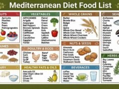 Mediterranean Diet Food List for Beginners Assorted Mediterranean diet foods for beginners, including olive oil, fish, vegetables, fruits, grains, beans, nuts, yogurt, and herbs arranged on a table.