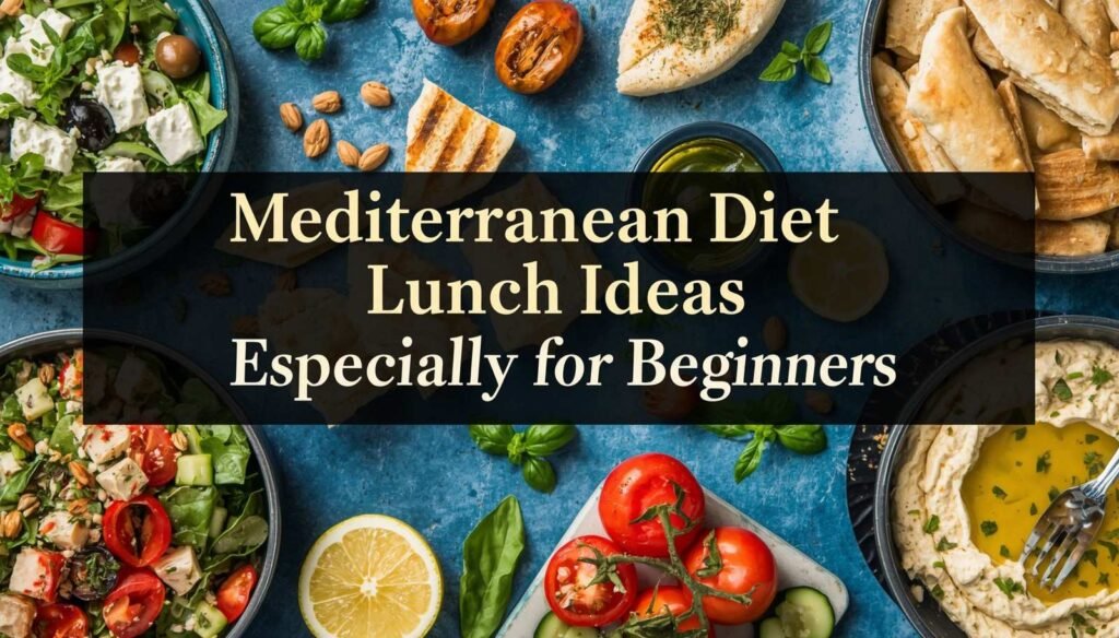 Colorful Mediterranean foods arranged around bold central title text. Salads, hummus, bread, tomatoes, and olive oil displayed on blue background.