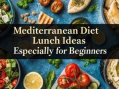 Mediterranean Diet Lunch Ideas Especially for Beginners Colorful Mediterranean foods arranged around bold central title text. Salads, hummus, bread, tomatoes, and olive oil displayed on blue background.