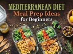 Mediterranean Diet Meal Prep Ideas for Beginners Mediterranean meal prep containers with chicken, chickpeas, and vegetables. Lemons, olives, olive oil, and herbs surround the healthy meals.