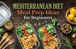 Mediterranean Diet Meal Prep Ideas for Beginners Mediterranean meal prep containers with chicken, chickpeas, and vegetables. Lemons, olives, olive oil, and herbs surround the healthy meals.