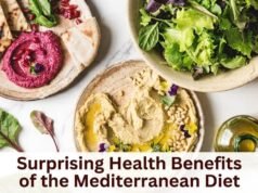 Surprising Health Benefits of the Mediterranean Diet Overhead view of Mediterranean foods with hummus, beet dip, pita, and salad. Text overlay reads: Surprising Health Benefits of the Mediterranean Diet.