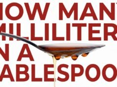 How Many ML in a Tablespoon Spoon filled with amber liquid over bold red text reading “How Many Milliliters in a Tablespoon.”