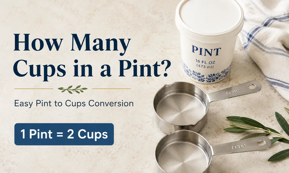 Two measuring cups beside a pint container showing one pint equals two cups