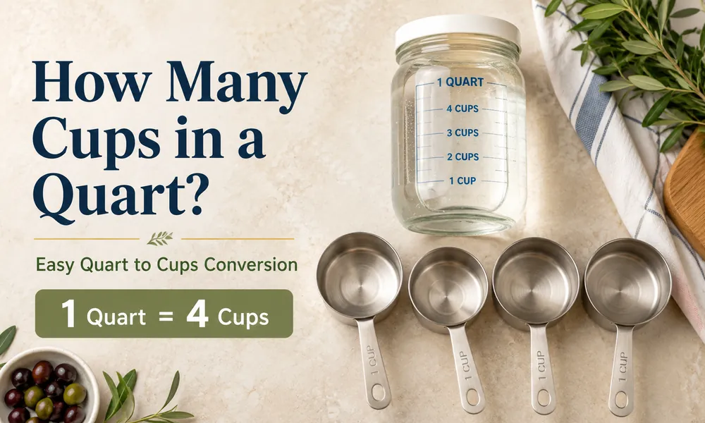 Four measuring cups beside a quart container showing one quart equals four cups