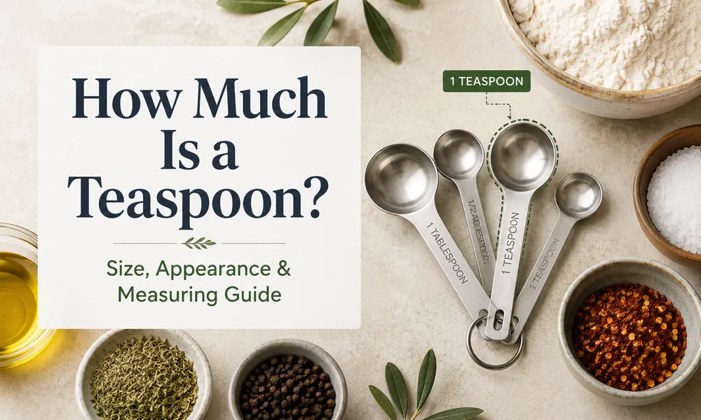 Measuring spoons highlighting a standard teaspoon with common kitchen ingredients
