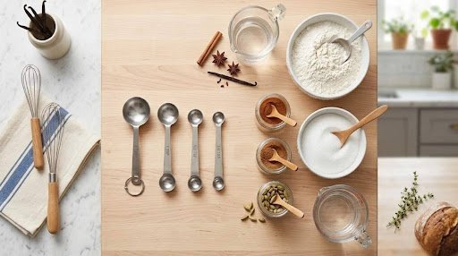 Kitchen Measurement Converter and Measuring Spoons Kitchen measuring spoons with flour, sugar, spices and liquid ingredients