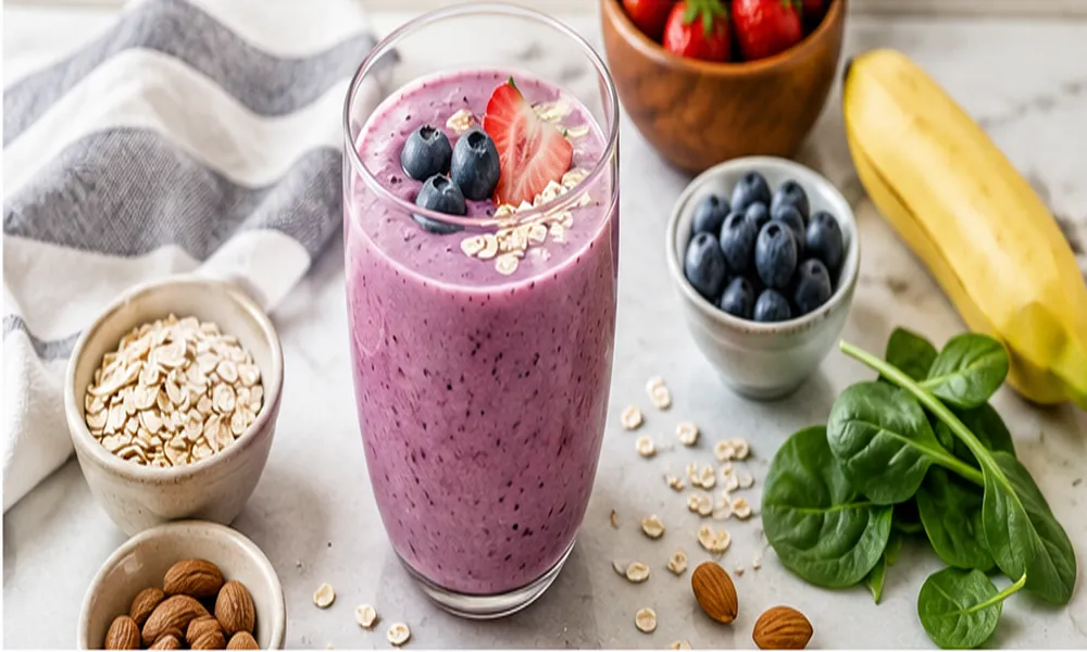 Healthy meal substitute smoothie with berries, oats, spinach, banana, and almonds