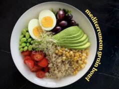 Easy Mediterranean Bowl Recipe with Chickpeas and Quinoa Mediterranean grain bowl with quinoa, avocado, boiled eggs, edamame, tomatoes, corn, grapes, and sprouts