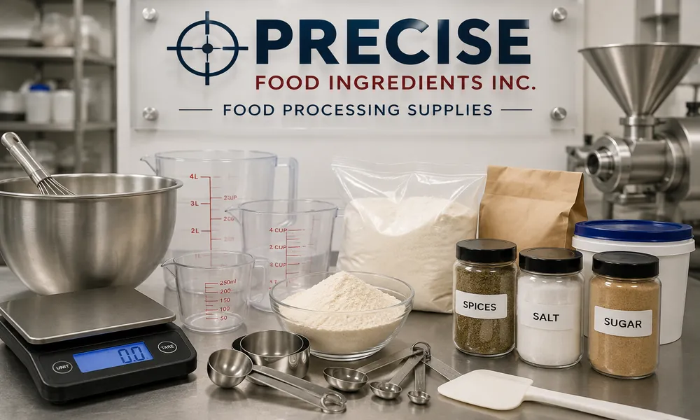 Food processing ingredients, measuring tools, spices, and stainless-steel equipment in a commercial kitchen