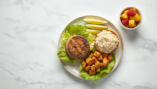 Gluten Free Fast Food Plate with Bunless Burger and Healthy Sides Gluten free fast food plate with bunless burger patty, rice, potatoes, apple slices, lettuce, and fresh fruit