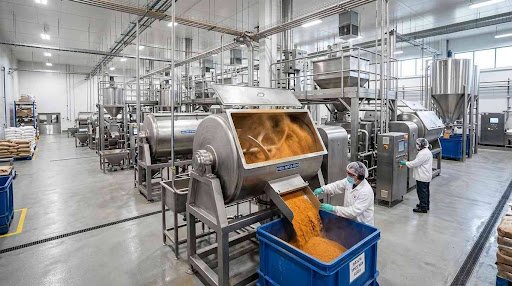Industrial Food Processing Supplies and Seasoning Blending Facility Industrial food processing facility producing dry seasoning blend in a large stainless steel mixing machine