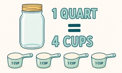 How Many Cups in a Quart? 1 Quart Equals 4 Cups Conversion Chart How many cups in a quart chart showing 1 quart equals 4 cups