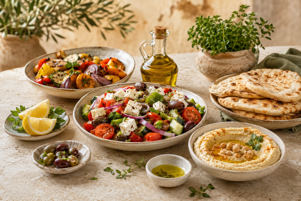 Fresh Mediterranean meal with salad, hummus and pita bread
