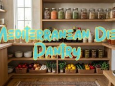 Mediterranean Diet Pantry List: Staples, Grocery List and Easy Meal Ideas Mediterranean diet pantry with jars of grains, spices, vegetables, fruits, and healthy kitchen staples.
