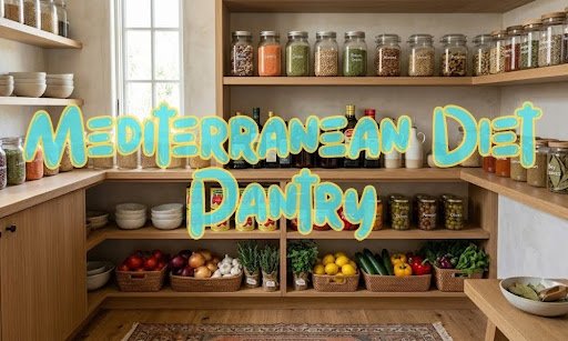 Mediterranean Diet Pantry List Mediterranean diet pantry with jars of grains, spices, vegetables, fruits, and healthy kitchen staples.
