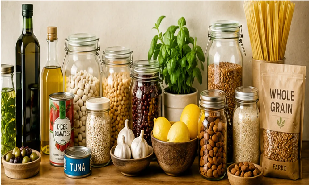 Mediterranean diet pantry staples including olive oil, canned tomatoes, whole grains, legumes, nuts, and herbs