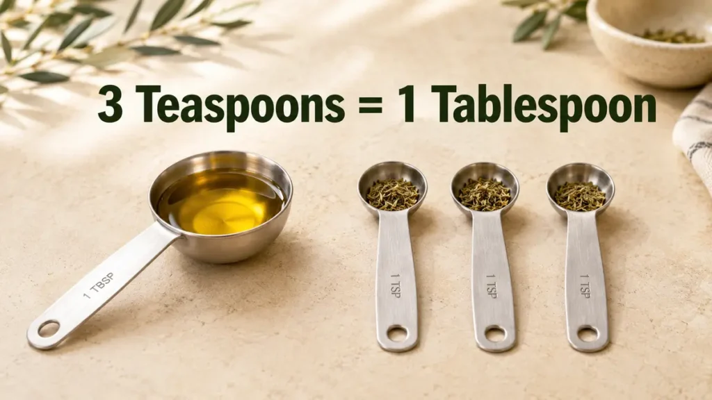 One tablespoon measuring spoon beside three teaspoons showing the kitchen conversion.