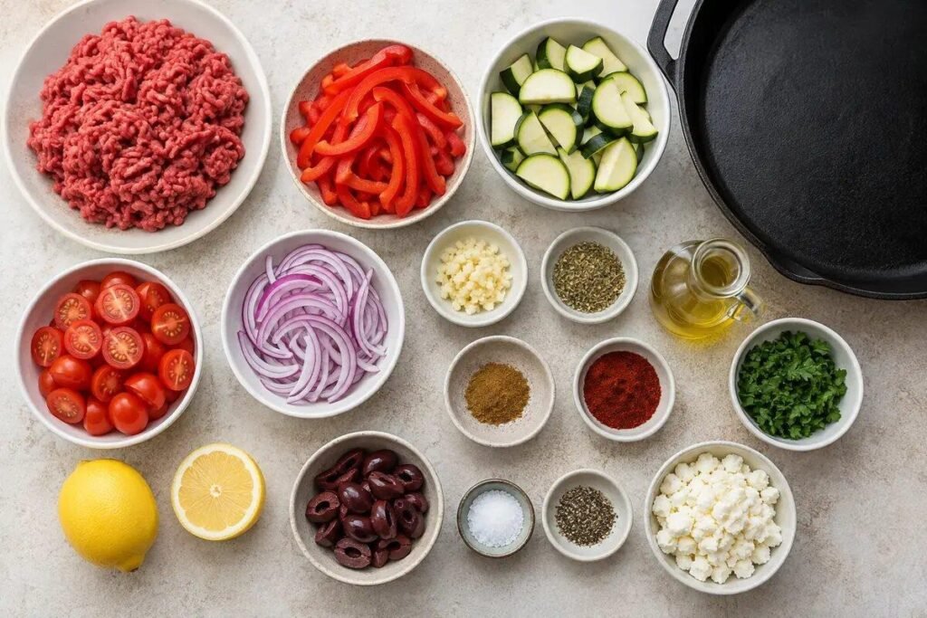 Raw ground beef, vegetables, herbs, spices, feta, olives, lemon, and olive oil a