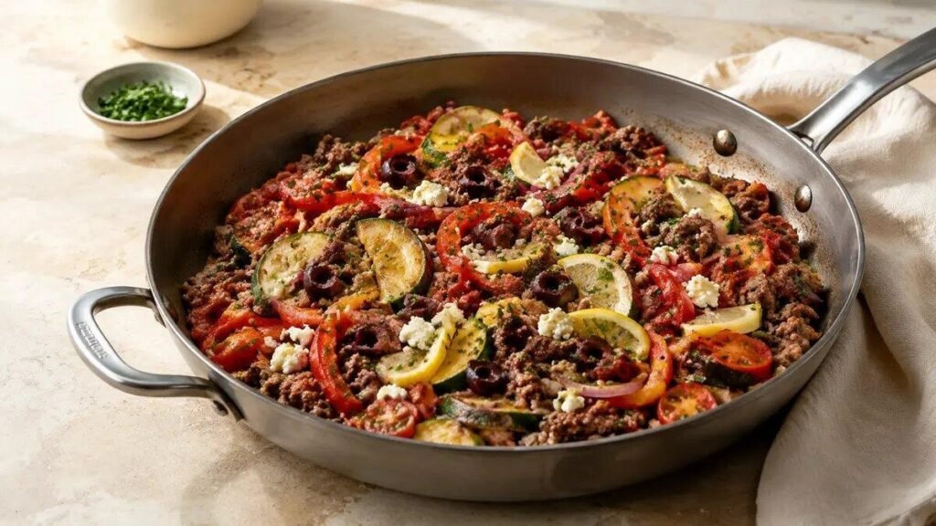 Illustrative Mediterranean ground beef stir-fry with zucchini, bell pepper, toma