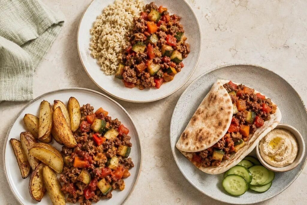 Three serving ideas: Mediterranean ground beef stir-fry with quinoa, roasted pot