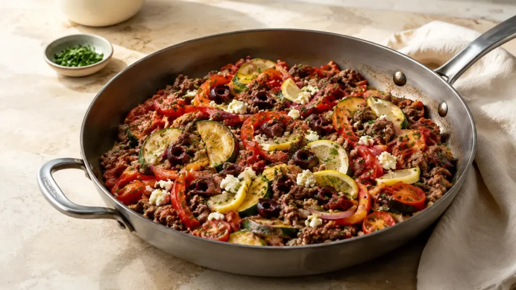 Mediterranean ground beef stir-fry with zucchini, bell peppers, tomatoes, olives, and feta